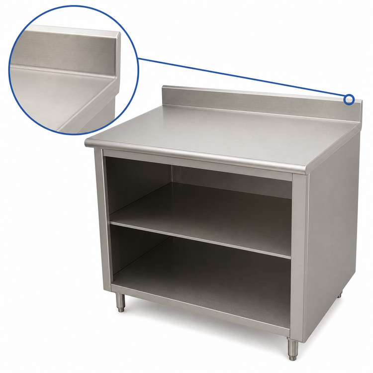 Product image #4 for Advance Tabco 96" x 36" 14-Gauge 304 Stainless Steel Work Table with Open Front Cabinet Base and 5" Backsplash