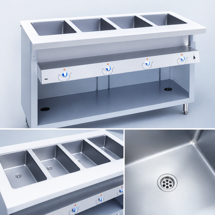 Product image #4 for Thurmaduke E-4-DLSS Electric 4-Pan Sealed Well Steamtable Unit with Cutting Board and Dish Shelf