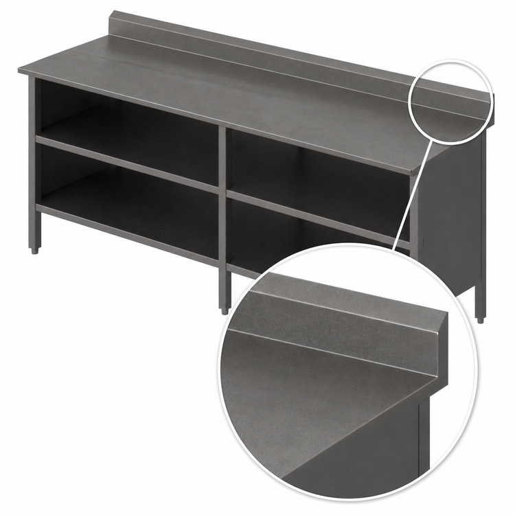 Product image #4 for 16-Gauge 300-Series Stainless Steel Enclosed Base Work Table with Open Front, 5-Inch Backsplash, and Stallion Safety Edge, 132 x 30 Inches