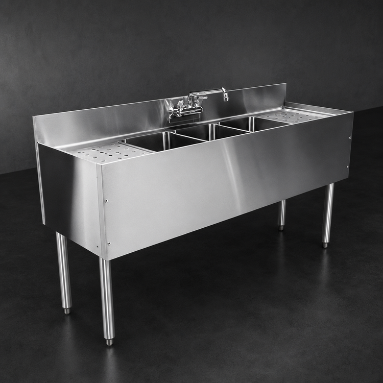 Product image #4 for CHOICE Four Compartment Underbar Sink Unit with Dual Drainboards and Deck-Mount Faucet, 72" W x 24" D