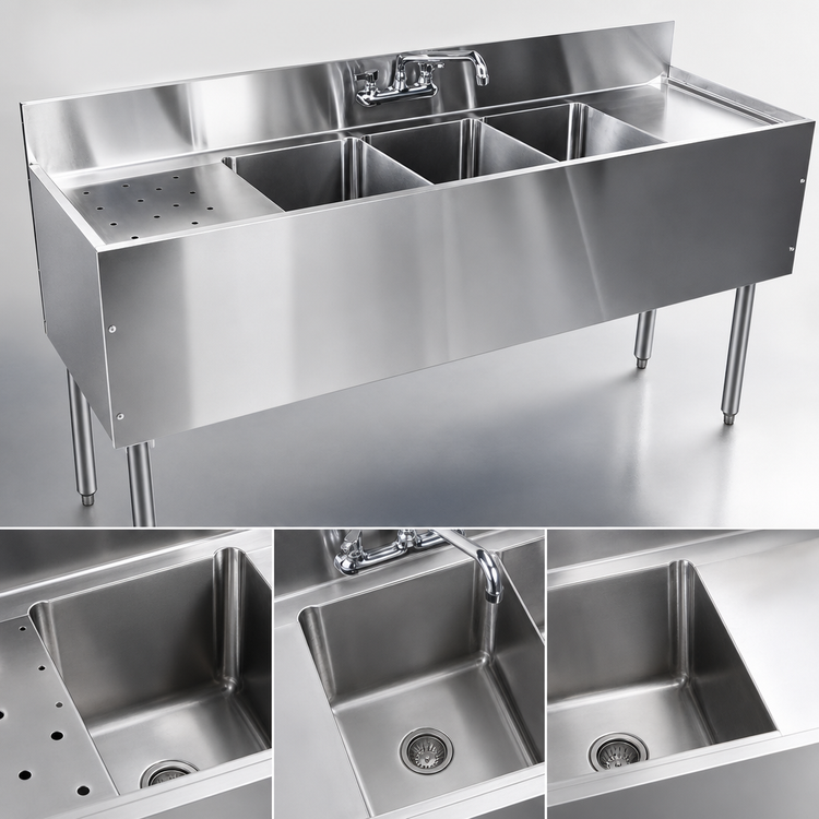 Product image #4 for Choice 48-Inch Three-Compartment Stainless Steel Underbar Sink Unit, 19-Inch Deep, Right Drainboard