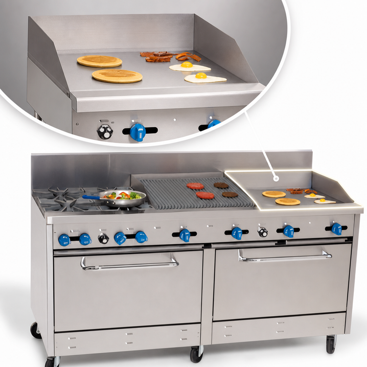 Product image #4 for Comstock-Castle 72-Inch Commercial Gas Range with 4 Open Star Burners, 24-Inch Griddle, 24-Inch Char-Broiler, and 2 Ovens