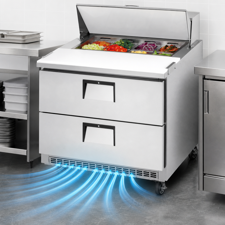 Product image #4 for Everest Refrigeration 1 Section Drawered Sandwich Prep Table with 2 Drawers, 35-5/8 Inch Wide, 10 Cu. Ft., Rear-Mounted Self-Contained R290 Refrigeration