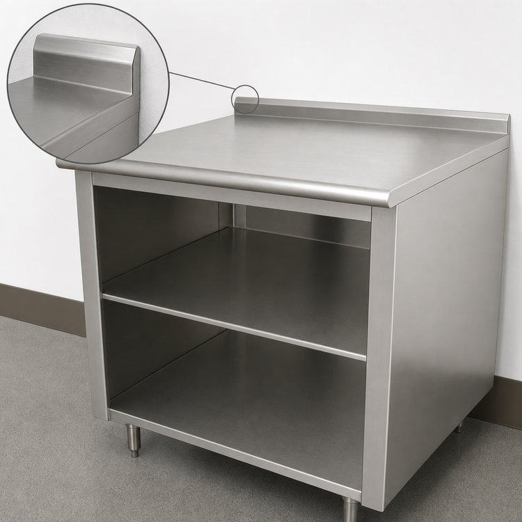 Product image #4 for Advance Tabco 84-Inch x 30-Inch 304 Stainless Steel Work Table with Open Front Cabinet Base, Mid-Shelf, and 1-1/2-Inch Rear Up-Turn