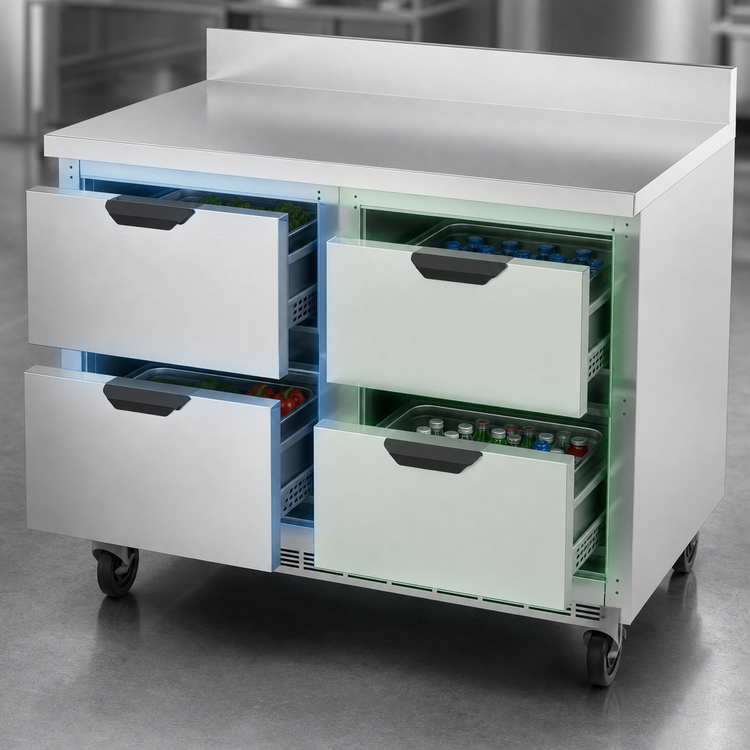 Product image #4 for Beverage-Air WTRD48AHC-4-FIP 48-Inch Two-Section Worktop Refrigerator with 4 Drawers, Rear-Mounted Self-Contained Refrigeration