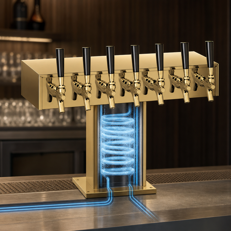 Product image #4 for Wide Base Tee Draft Beer Tower, 12 Faucets, Countertop, Glycol-Cooled, Tarnish-Free Brass Finish