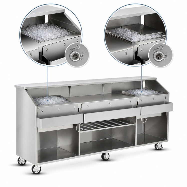 Product image #4 for FWE SCB-8 95-Inch Mobile Stainless Steel Beverage Service Bar with Ice Bins and Underbar Server