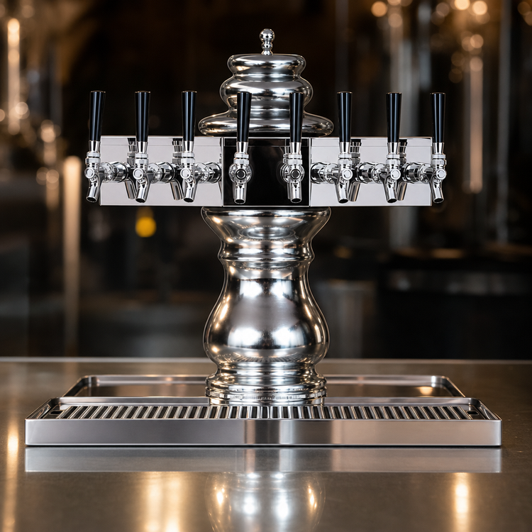 Product image #4 for Glastender Braumeister 5-Faucet Air-Cooled Draft Dispensing Tower with Mirror Finish and Surface-Mount Drain Pan