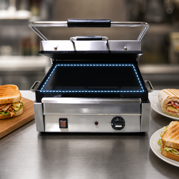 Product image #4 for Omcan USA Commercial Countertop Electric Panini Grill/Press with 12 x 15 Inch Smooth Cast Iron Plates
