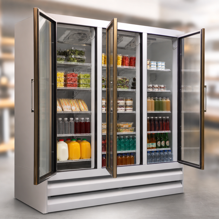 Product image #4 for Howard-McCray Three-Section Glass Door Merchandiser Refrigerator, Bottom-Mount Self-Contained, Stainless Steel, 65 Cu. Ft.