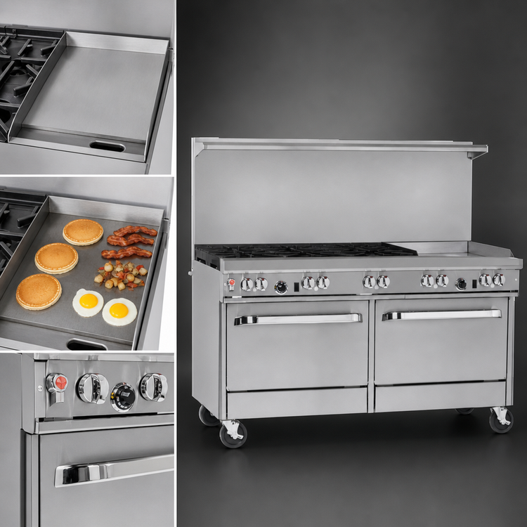 Product image #4 for Ultimate 60-Inch Commercial Gas Restaurant Range with 5 Burners, 24-Inch Griddle, Convection Oven and Cabinet Base