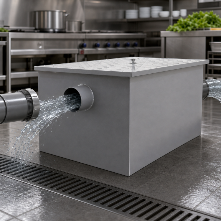 Product image #4 for Omcan USA Commercial 50 lb Capacity Grease Trap, 25 GPM, 4-Inch Threaded Inlet/Outlet