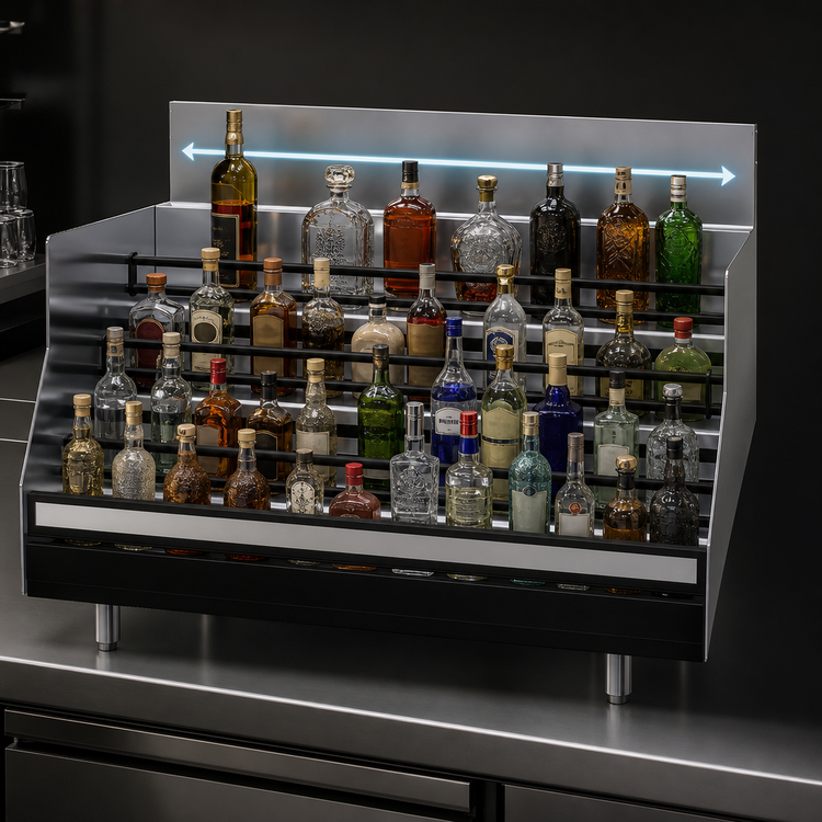 Product image #4 for Glastender Free-Standing Underbar Liquor Steps, 36 Inch W x 24 Inch D, 4-Step Stainless Steel Display