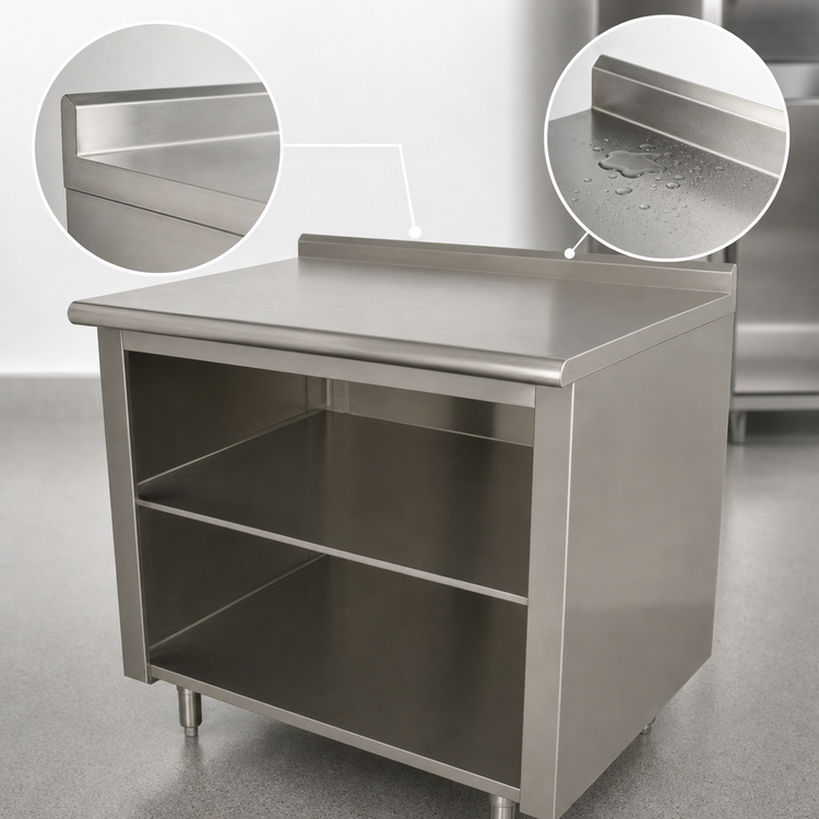 Product image #4 for Advance Tabco 48 Inch x 36 Inch 14 Gauge 304 Stainless Steel Work Table with Open Front Cabinet Base, Mid-Shelf, and 1-1/2 Inch Rear Up-Turn