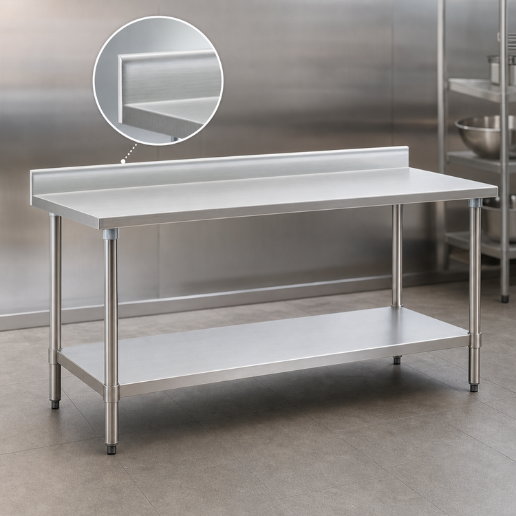 Product image #4 for Deluxe Series Stainless Steel Work Table with 4-1/2" Backsplash and Undershelf, 84" x 30"