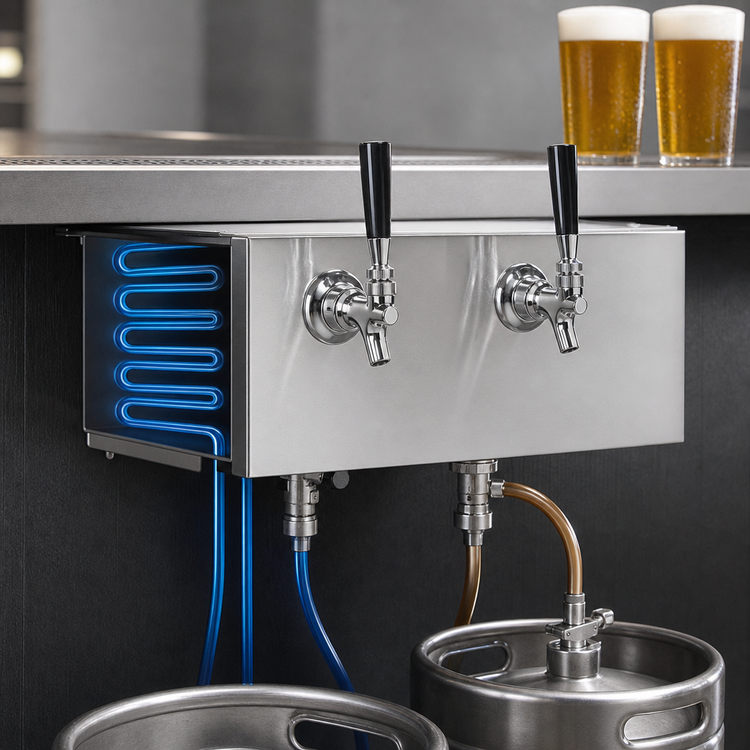 Product image #4 for Perlick 21-1/8 Inch Space Saver Underbar 2-Faucet Glycol-Cooled Draft Beer Dispensing Head, Stainless Steel, Bottom Outlet