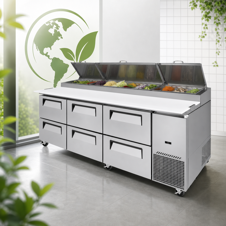 Product image #4 for Turbo Air Super Deluxe 93-1/8-Inch 3-Section Stainless Steel Pizza Prep Table with 6 Drawers, Side-Mount Self-Contained Refrigeration