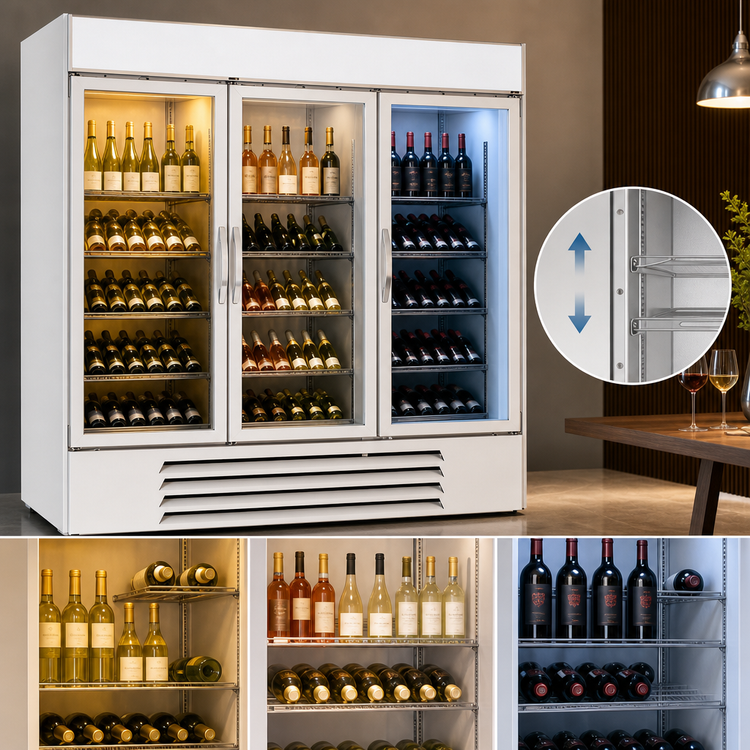 Product image #5 for Beverage-Air MarketMax™ Dual Temp Three-Section Reach-In Wine Merchandiser Refrigerator, Bottom-Mounted Self-Contained, White, 75-1/8 Inch