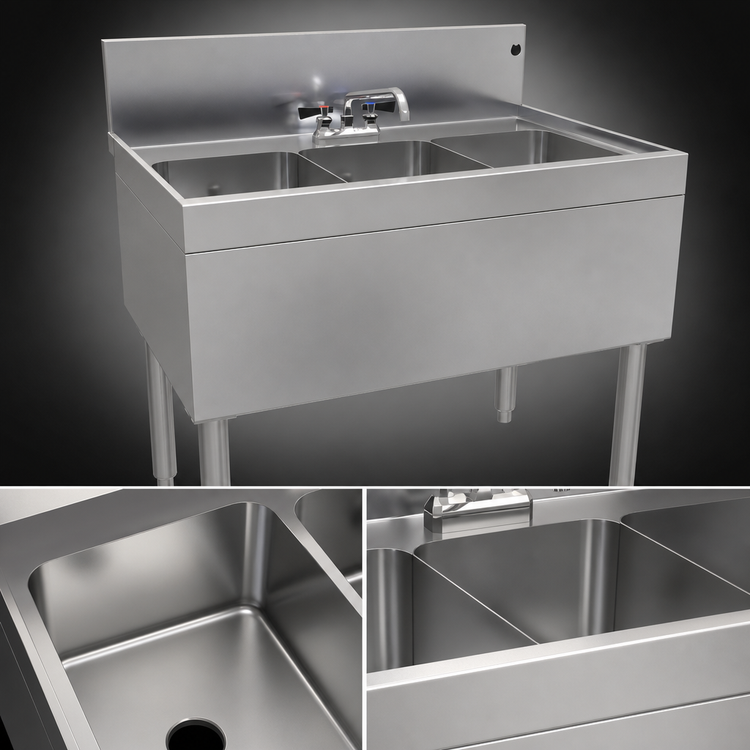 Product image #4 for Glastender Three-Compartment Underbar Sink Unit with Deck-Mount Faucet, 36"W x 24"D, Stainless Steel