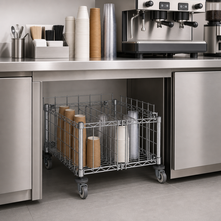 Product image #4 for Metro Chain Reaction Undercounter Chrome Wire Cup Storage Unit with Removable Dividers and Casters
