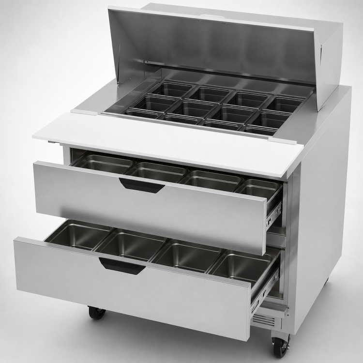 Product image #5 for Beverage-Air 36-Inch One-Section Mega Top Refrigerated Prep Table with 12-Pan Top and 2 Drawers