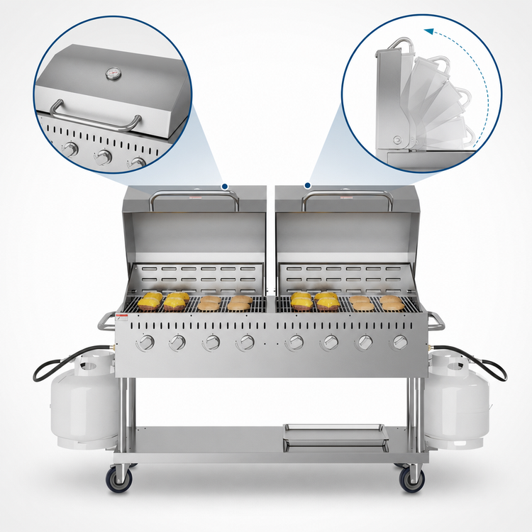 Product image #4 for KoolMore 60-Inch Mobile Commercial Outdoor Charbroiler Grill, 8-Burner, Propane, with Dual 30-Inch Roll Dome Covers