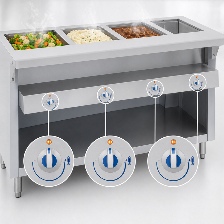 Product image #4 for Thurmaduke E-3-DLSS 3-Well Electric Steamtable with Stainless Steel Sealed Wells, Undershelf, and Cutting Board