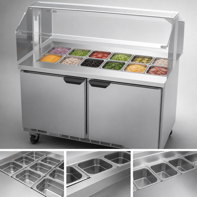 Product image #5 for Beverage-Air 48-Inch Sandwich Prep Table With Sneeze Guard, 2-Section, 12-Pan, Self-Contained Refrigeration