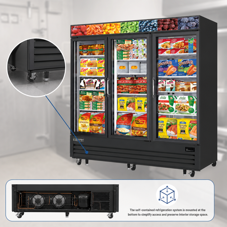 Product image #4 for Everest Refrigeration Three-Section Reach-In Glass Door Merchandiser Freezer, 69 Cu. Ft., 74-3/4 Inch Wide, Bottom-Mounted Self-Contained