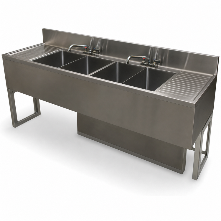 Product image #5 for BK Resources Four-Compartment Underbar Sink with Left and Right Drainboards, 96-Inch Wide, 304 Stainless Steel