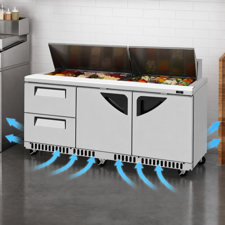 Product image #4 for Turbo Air Super Deluxe Front Breathing Three-Section Sandwich/Salad Prep Table with 2 Drawers and 2 Doors