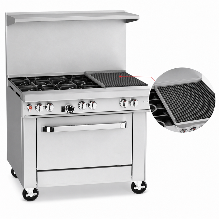 Product image #4 for Southbend Ultimate 36-Inch Gas Restaurant Range with 2 Star/Saute Burners, 24-Inch Charbroiler, Cabinet Base, and Hi-Shelf
