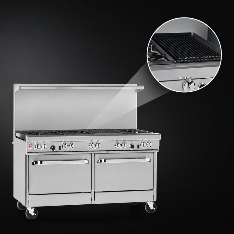 Product image #4 for Southbend Ultimate 60-Inch Gas Restaurant Range with 3 Star/Sauté Burners, 2 Pyromax Burners, 24-Inch Charbroiler, Convection Oven and Cabinet Base