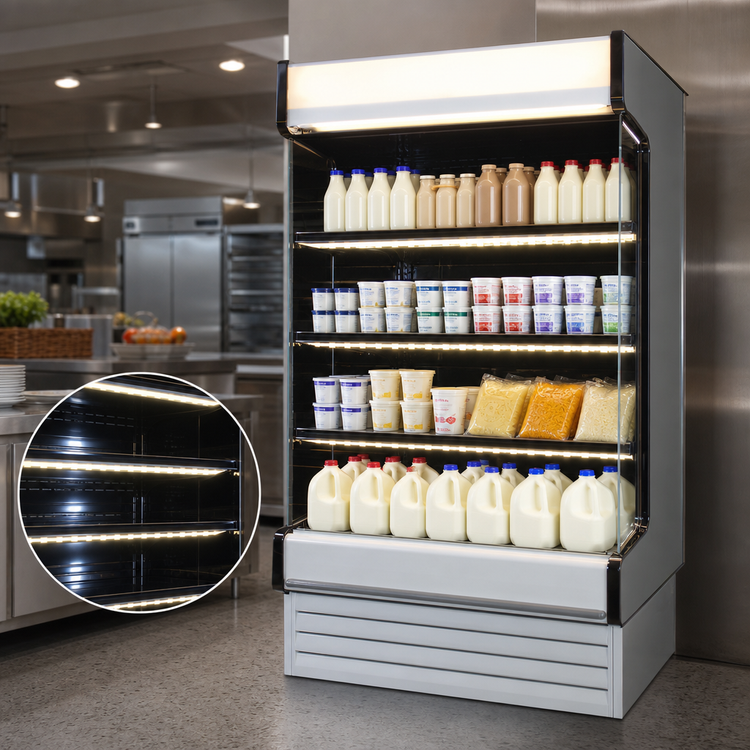 Product image #4 for Howard-McCray 35E Series Black Dairy Open Merchandiser, 63" W, Self-Contained Refrigeration, LED-Lit Shelves