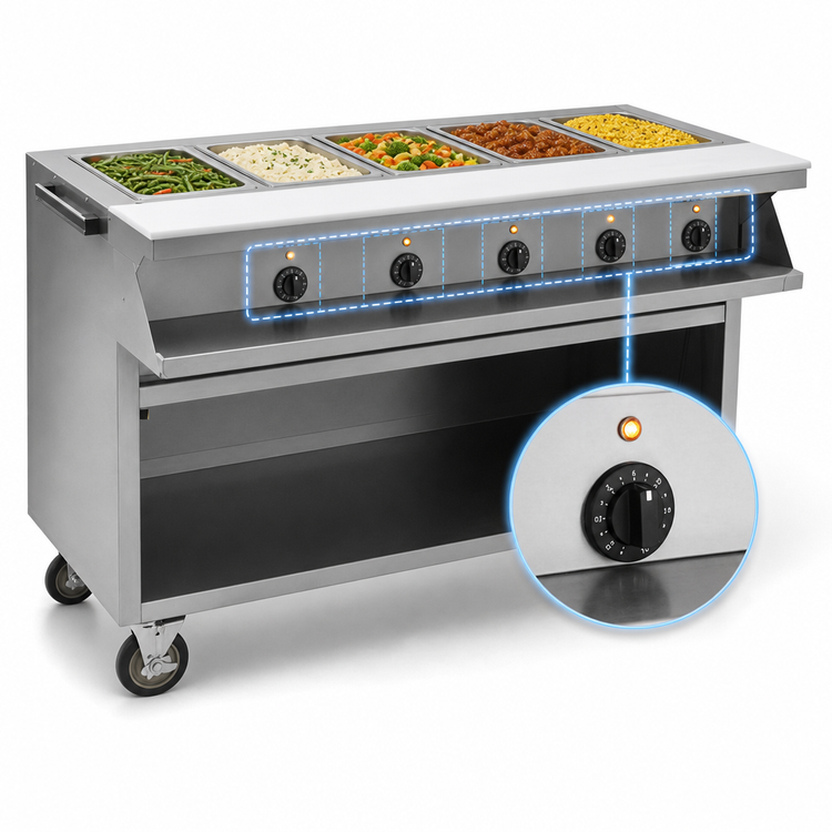 Product image #4 for Spec-Master SPHT5OB-208 79-Inch Electric 5-Pan Sealed Well Hot Food Table with Open Base and Casters