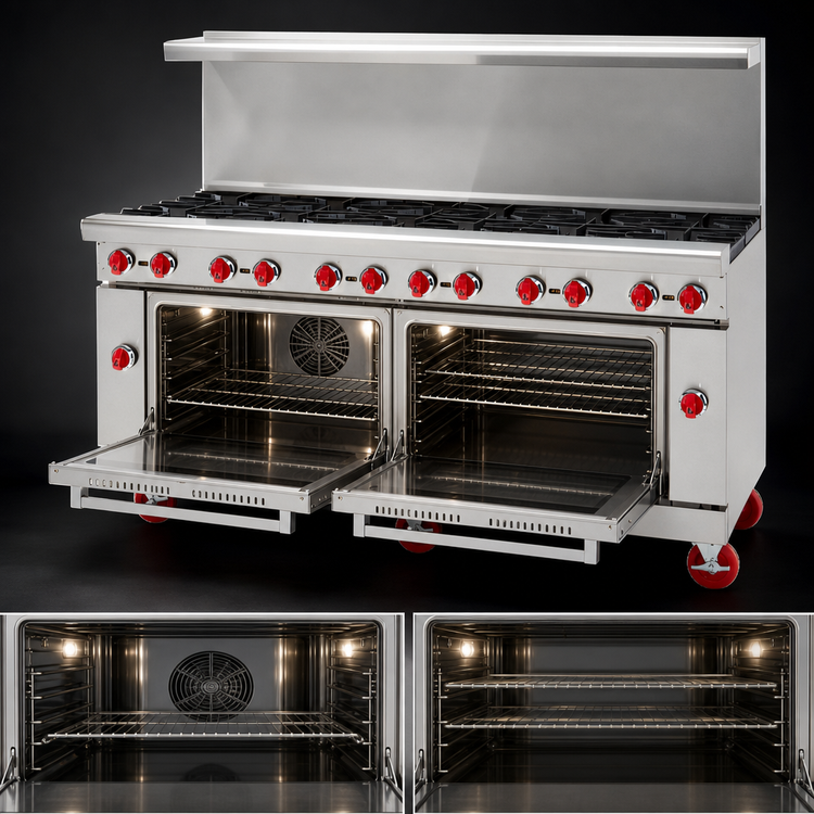Product image #4 for American Range 72-Inch Gas Restaurant Range with 12 Open Burners, Left Convection Oven and Right Standard Oven