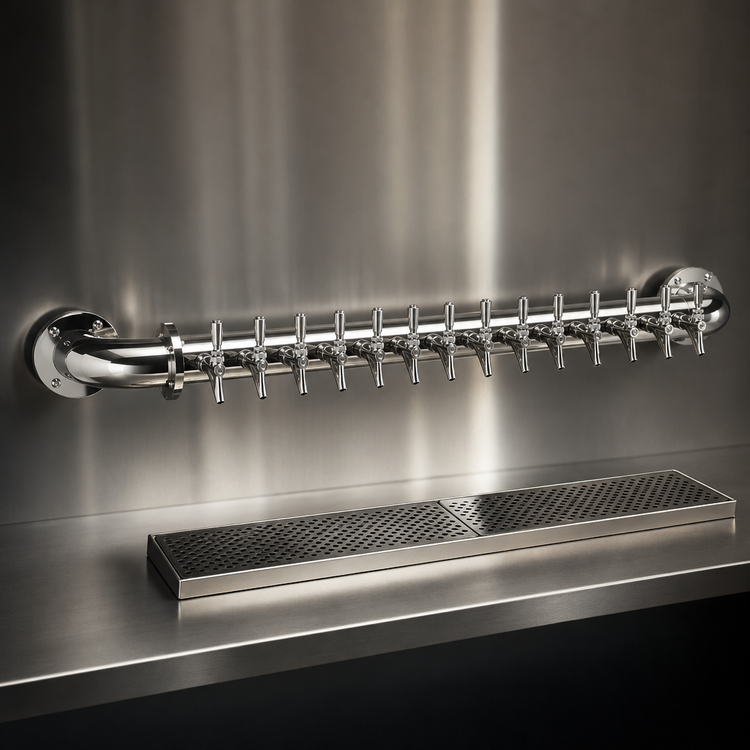 Product image #4 for Glastender Pipe Wall Draft Dispensing Tower, Wall-Mounted, 14 Faucets, Glycol-Cooled, Mirror Finish