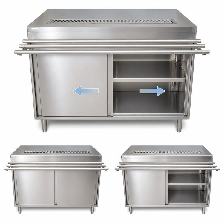 Product image #4 for Cashier-Serve Stainless Steel Serving Counter with Sliding Doors and Door-Side Urn Trough, 48 Inch W x 30 Inch D
