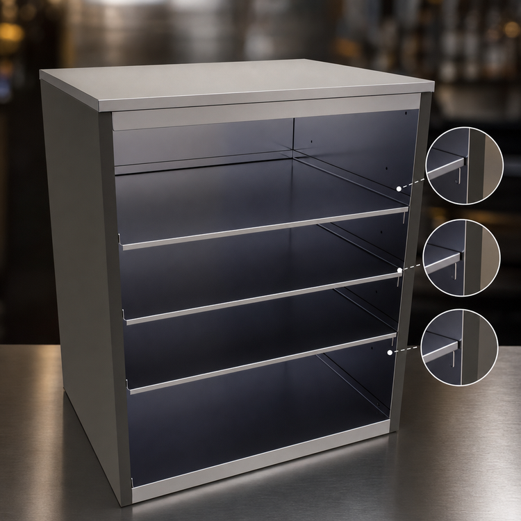 Product image #4 for Glastender Open Front Back Bar Glass Storage Cabinet with 3 Adjustable Stainless Steel Shelves, 30 Inch Wide