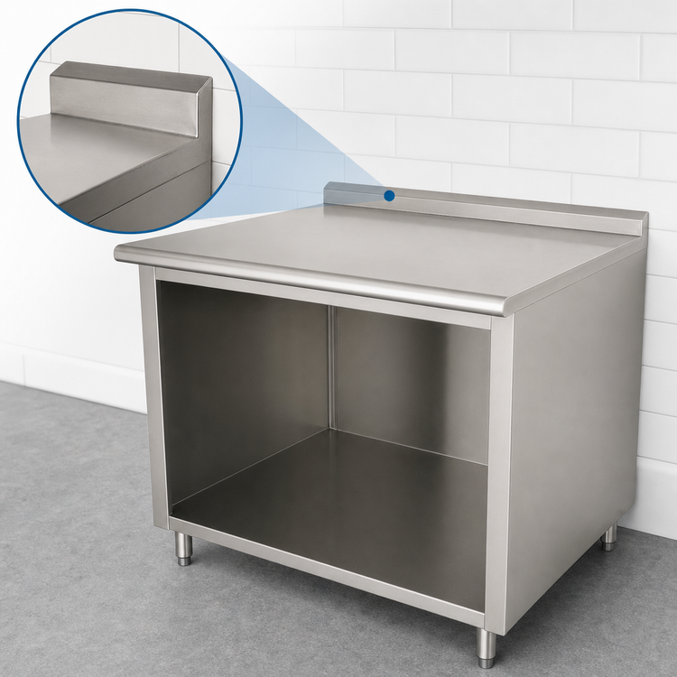 Product image #4 for Advance Tabco 48-Inch x 36-Inch 14-Gauge 304 Stainless Steel Work Table with Open Front Cabinet Base and 1-1/2-Inch Rear Up-Turn