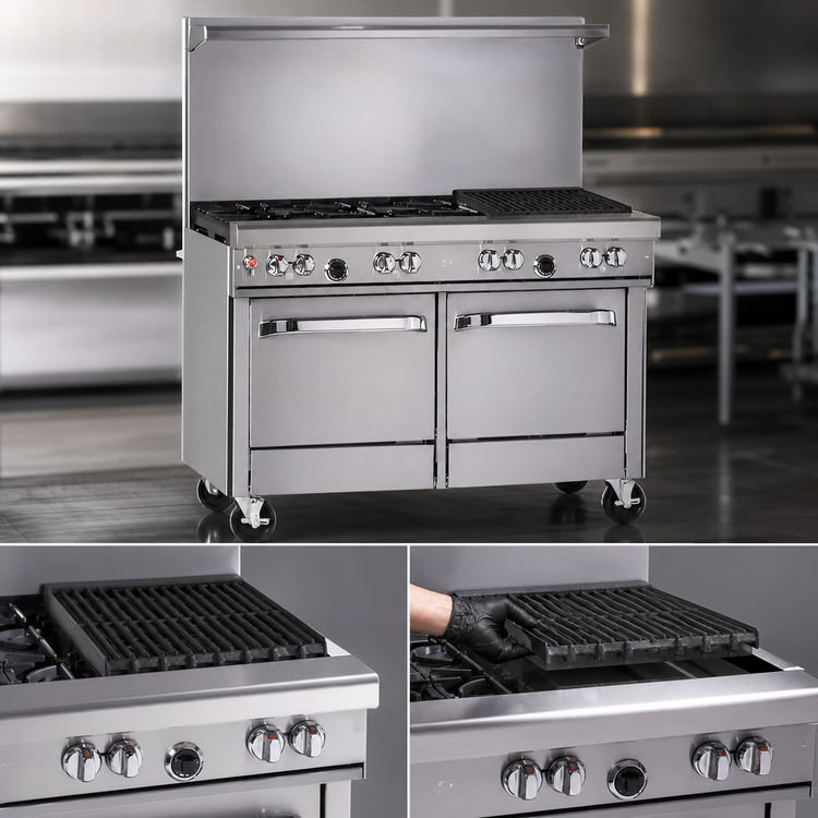 Product image #4 for Southbend Ultimate 48-Inch Commercial Gas Restaurant Range with 4 Non-Clog Burners, 24-Inch Charbroiler, Standard Oven, and Cabinet Base