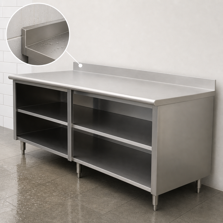 Product image #4 for Advance Tabco Special Value Series 84" x 30" Economy Open Front Cabinet Base Work Table with 5" Backsplash and Mid-Shelf