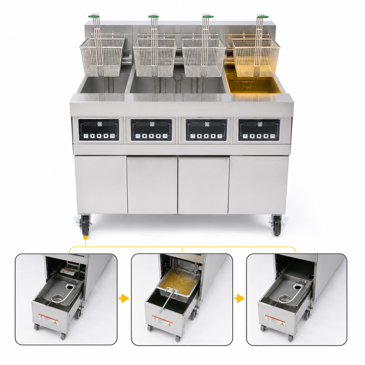 Product image #4 for Frymaster RE High Efficiency 4-Vat Electric Fryer Battery with FootPrint Pro Built-In Filtration, 80 lb. Frypots, 480V