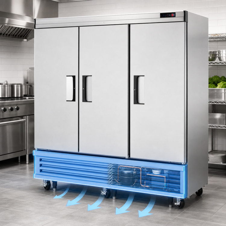 Product image #4 for Everest Refrigeration Three-Section Reach-In Refrigerator, 71 Cu. Ft., 74-3/4 Inches Wide, Bottom-Mounted Self-Contained, Solid Doors
