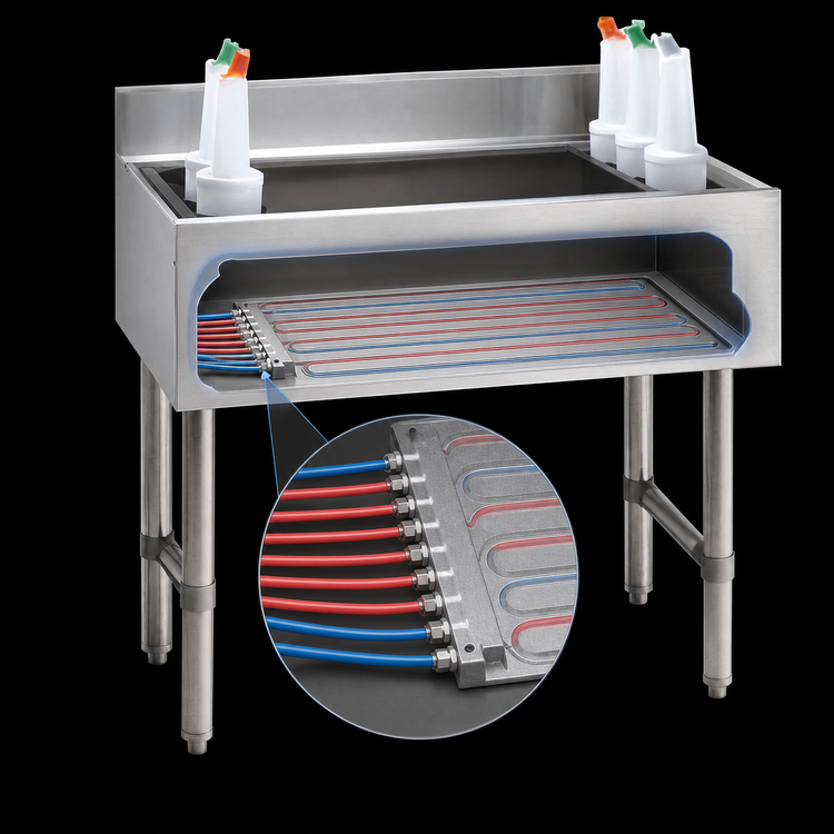 Product image #4 for Advance Tabco Special Value Series 30-Inch Stainless Steel Underbar Cocktail Unit with 12-Inch Deep Ice Bin and 7-Circuit Cold Plate