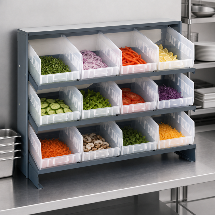 Product image #4 for Quantum Sloped Bench-Style Pick Rack with 3 Shelves and 12 Clear Bins