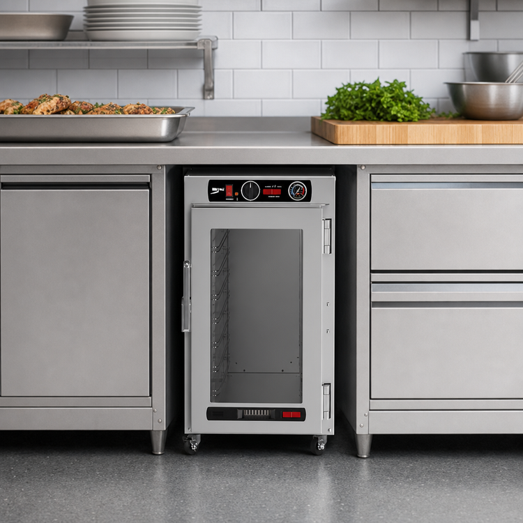 Product image #5 for Metro HotBlox Insulated Narrow 8-Pan Undercounter Pass-Thru Heated Holding Cabinet, Analog, Clear Front/Solid Rear Doors