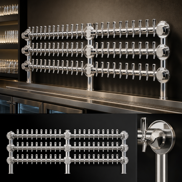 Product image #4 for Metropolis 84-Inch Wide Wall Mount 24-Faucet Glycol-Cooled Draft Beer Tower, 3-Column, Polished Stainless Steel