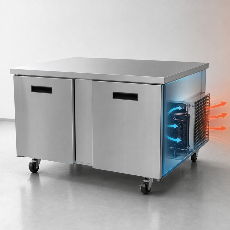 Product image #4 for Randell 48 Inch Two-Section Worktop Freezer with Doors, Stainless Steel, Rear-Mounted Self-Contained R290, 1/2 HP