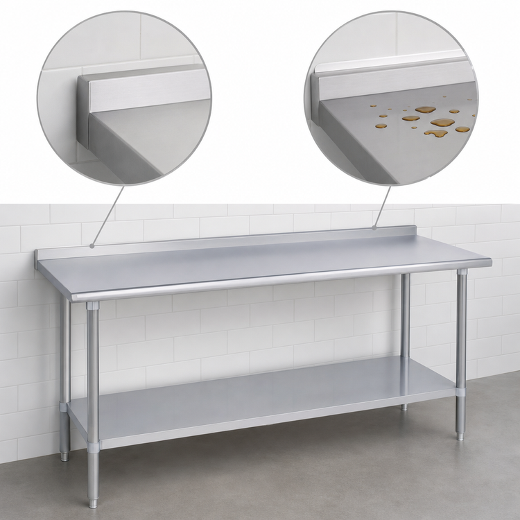 Product image #4 for Duke 144-Inch x 30-Inch 14-Gauge 300 Series Stainless Steel Work Table with 1-1/8-Inch Riser and Galvanized Undershelf